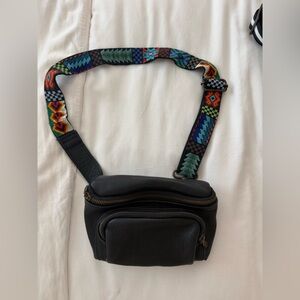 Black Leather Crossbody Bag with Beaded Strap
